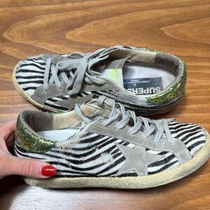 Golden Goose GGDB Zebra Pony Hair Low Super Star Sneaker Green Glitter EU 37